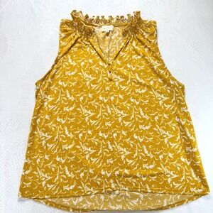 Melloday Mustard Yellow White Leaf Print Ruffle Neck Sleeveless Blouse XL